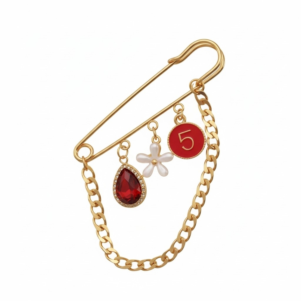 Gold Safety-Pin Charm Brooch with Red Rhinestone & Pearl Flower